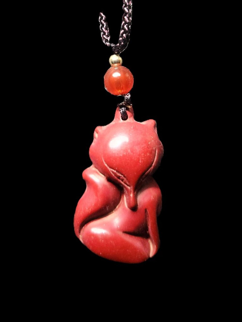 Cinnabar carved RED FOX necklace about " long